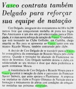 Reportagem sobre a contratação do medalhista olímpico Cyro Delgado em 1984 (Jornal do Brasil)