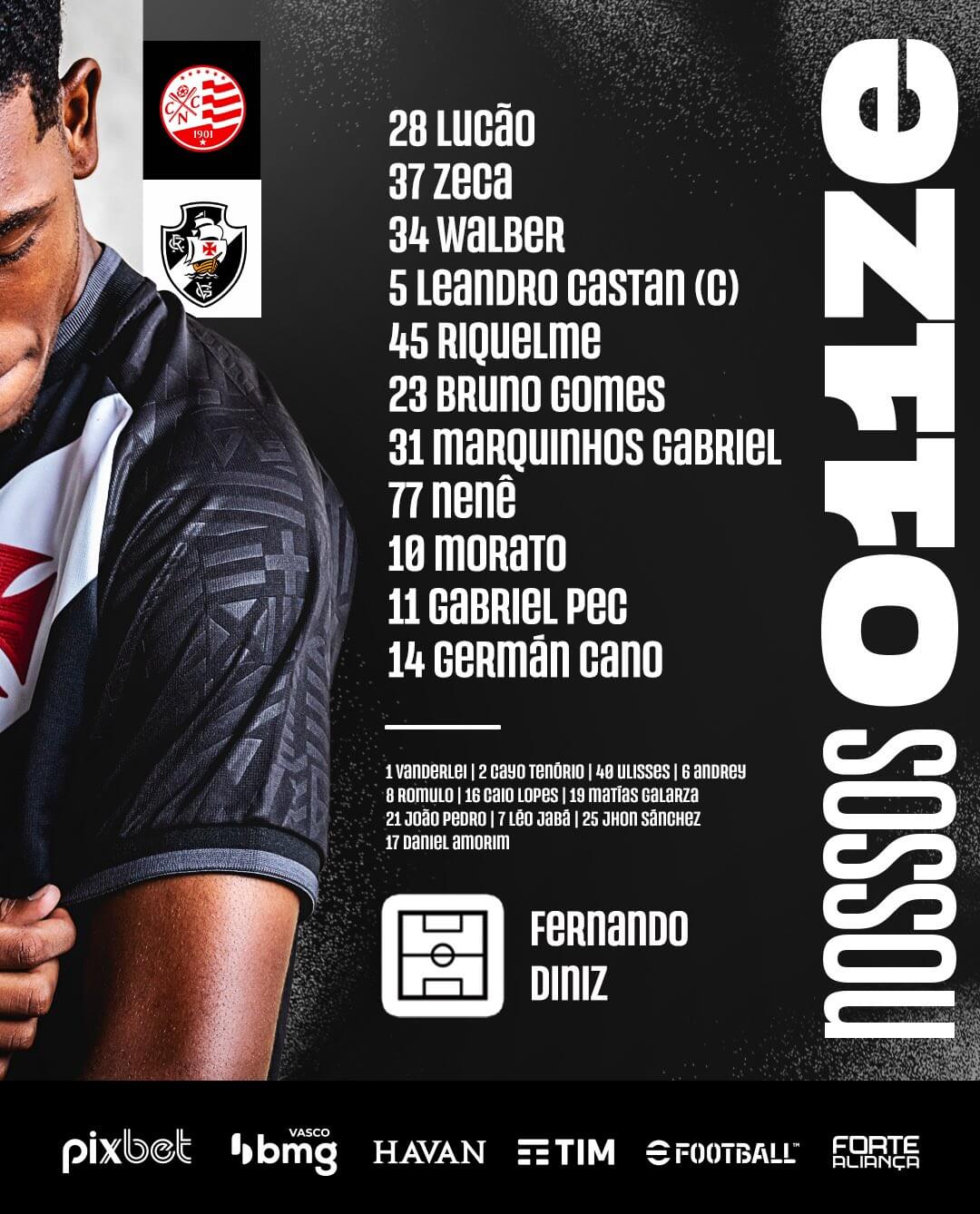 Confira escalação do Vasco para a partida contra o Náutico