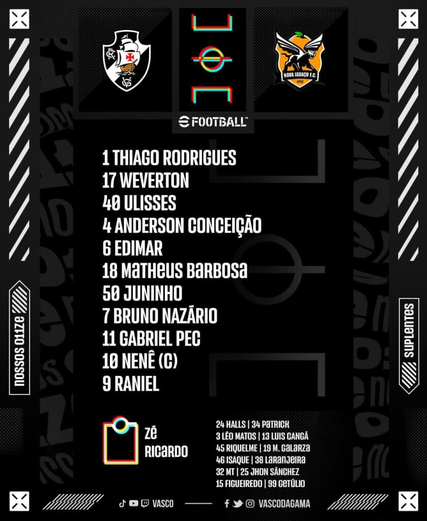Confira a escalação oficial do Vasco contra o Nova Iguaçu