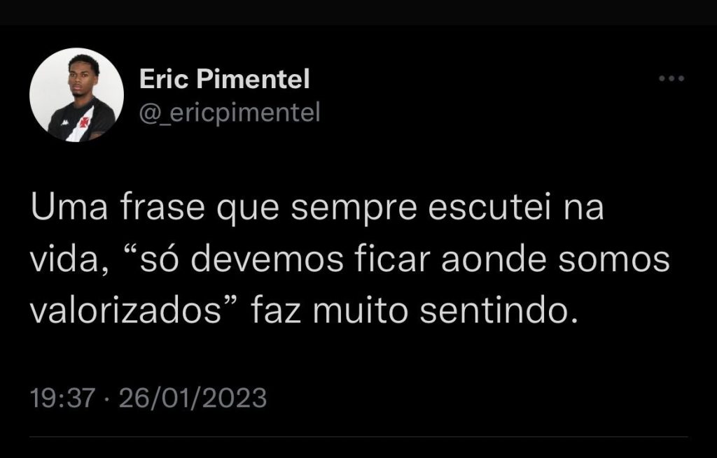 Eric Pimentel, joia do Vasco, faz publicação dando a entender que está insatisfeito no Clube